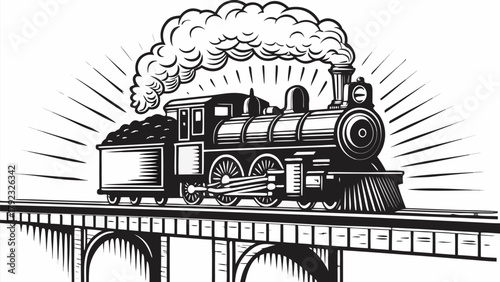 Powerful steam locomotive crosses majestic bridge, emitting billowing smoke, a symbol of progress and adventure.