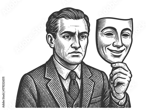 man in a suit holding a smiling mask, symbolizing hidden feelings or emotional facade sketch engraving generative ai fictional character vector illustration. Scratch board imitation. Black and white.