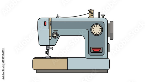 A flat graphic illustration of a blue and beige sewing machine