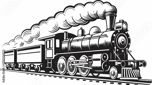 Powerful vintage steam train chugs along tracks, emitting billowing smoke, evoking adventure and history