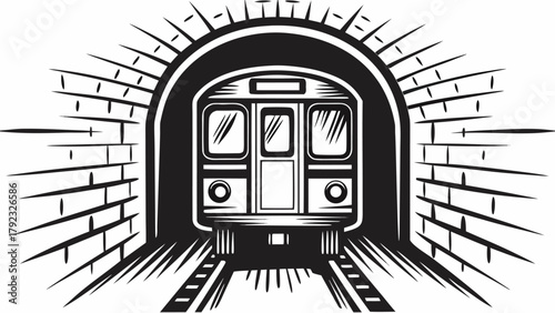 Dynamic subway train emerges from shadowy tunnel, signaling urban transit and modern travel adventure.