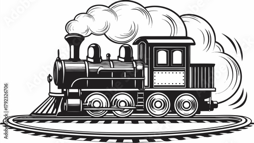 Vintage steam train chugs along railway tracks emitting billowing clouds of smoke