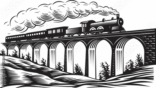 Vintage steam train crosses majestic arched viaduct over scenic countryside with billowing smoke