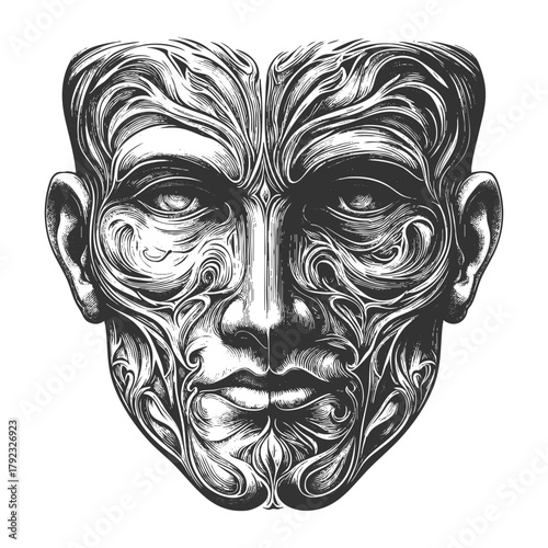 decorative mask featuring symmetrical floral and scrollwork patterns sketch engraving generative ai fictional character vector illustration. Scratch board. Black and white image.