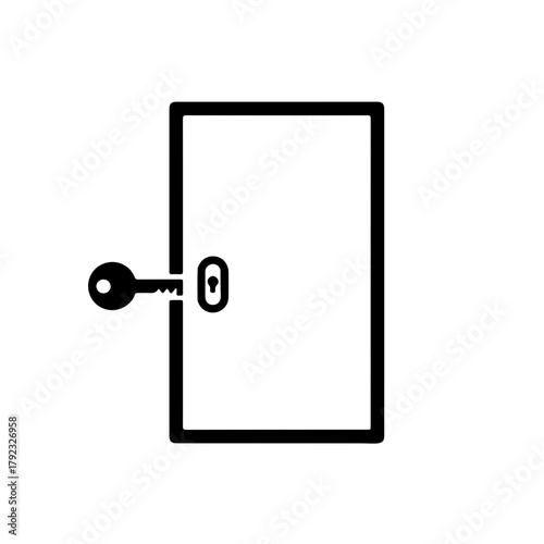 Black and white silhouette icon of a closed door with a simple keyhole and a key locking it. Represents mystery, denied access, isolation, and the 'locking away' of victims from their families 