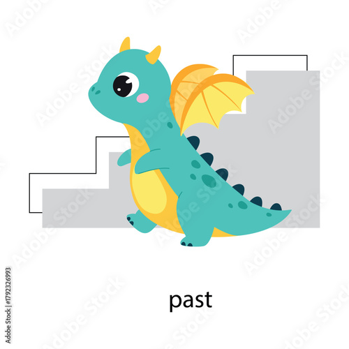 Prepositions with Cute Dragon Character Walk Past Stairs Vector Illustration