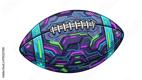 A futuristic American football with neon purple blue and green lights