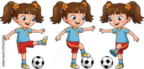 Cartoon girl playing soccer with ball control, three poses illustration, children’s sports character design for education, fun activity graphics
