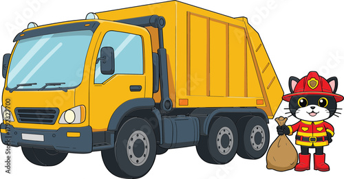 Cartoon garbage truck with firefighter cat holding trash bag, whimsical animal character illustration for children’s books, education, fun graphics