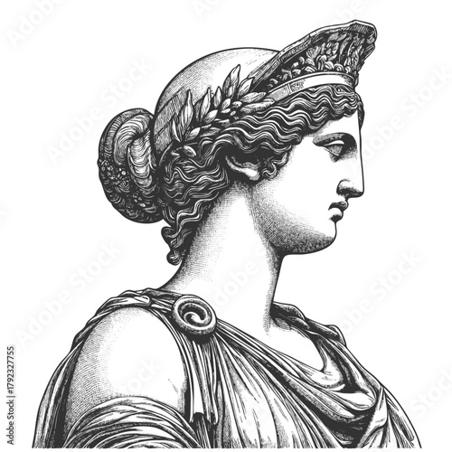 female figure resembling a Greek or Roman goddess sketch engraving generative ai fictional character vector illustration. Scratch board imitation. Black and white image.