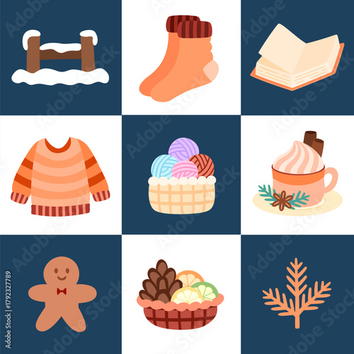 Cozy winter elements set with cute wooden fence and snow, socks, book, sweater, knitting yarn in a basket, spices drink, gingerbread, pine seed and citrus, dry pine needle vector