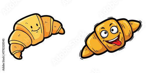 Cartoon croissants with happy and playful faces on white background  