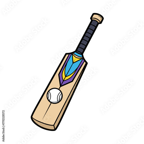 Cartoon cricket bat with ball illustration on white background  