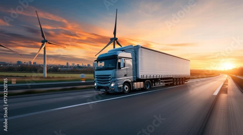 modern semi-trailer truck speeding away along a wide highway
