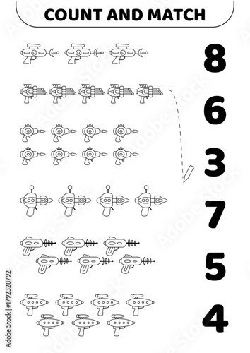 Weapon, blaster. Count and match. Black and white. Counting game. Educational preschool game for kids. Isolated vector illustration eps 10
