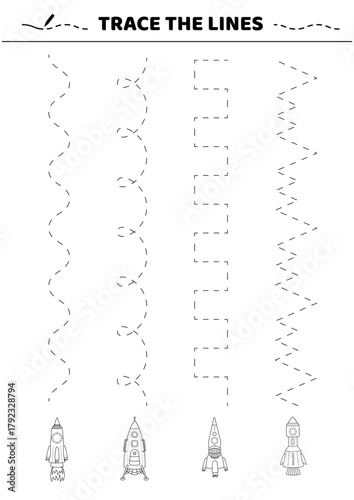 Rocket. Trace the lines. Black and white.  Writing practice for kindergarten and preschool. Activity for kids. Education for toddler. Isolated vector illustration eps 10
