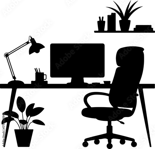 home office desk setup silhouette vector illustration