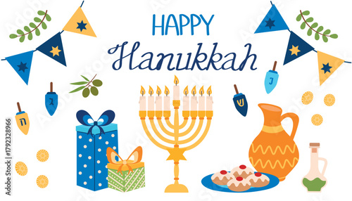 Happy Hanukkah. Vector illustration of a colorful banner with traditional Jewish holiday items.