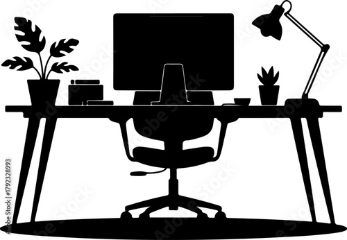 home office desk setup silhouette vector illustration