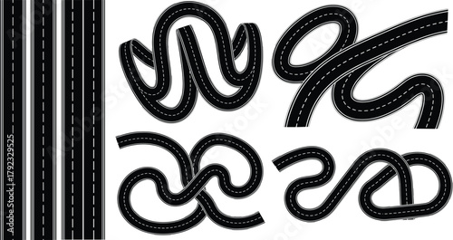 Curved and straight road segments, dashed lane markings, black background, vector highway paths, modular street layout, transportation design set