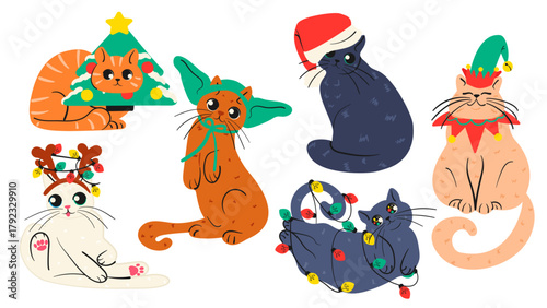 Cute Christmas cat set with decorative Christmas costumes, elf hat, reindeer horns, santa hat, garland. Hand drawn vector design perfect for greeting cards, posters, and seasonal promotions.