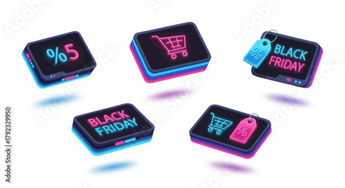 3D Neon Black Friday Sale Icons – Cyber Style Shopping and Discount Illustration