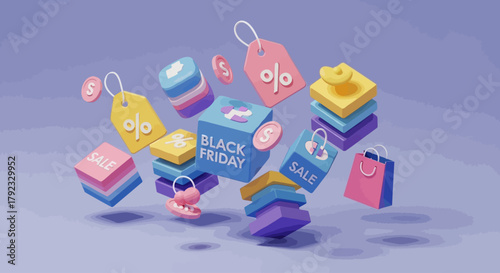 3D Black Friday Sale Background in Pastel Colors – Shopping and Discount Icons Illustration