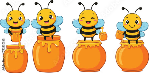Cute cartoon bees with honey pots, happy bee characters, sweet honey illustration, adorable insect mascot vector design for kids artwork