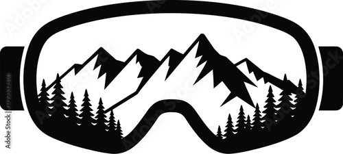 A striking black and white vector illustration of ski goggles reflecting a majestic mountain range and a dense pine forest, symbolizing winter sports and adventure