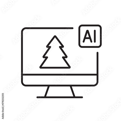 A vector icon representing a virtual Christmas card on a screen powered by AI, created in line style with editable stroke
