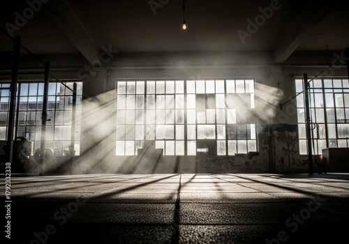 Dramatic light streams through windows in a moody, industrial gym space