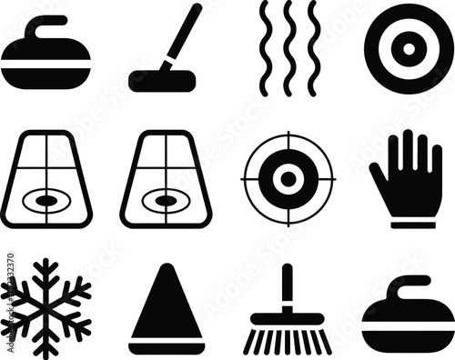 A diverse set of black glyph icons for the winter sport of curling, including a stone, broom, target house, rink markings, and game equipment