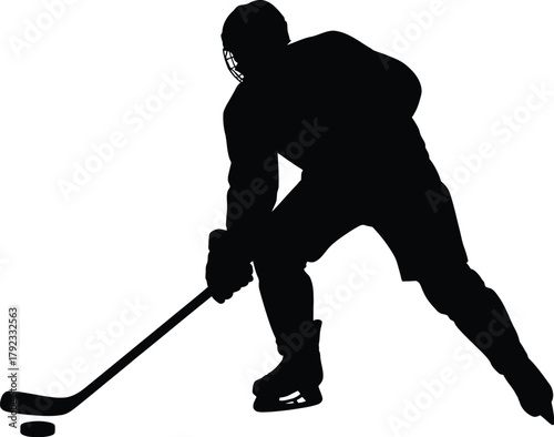 Dynamic silhouette of an ice hockey player in a powerful skating stance, controlling the puck with a stick against a white background