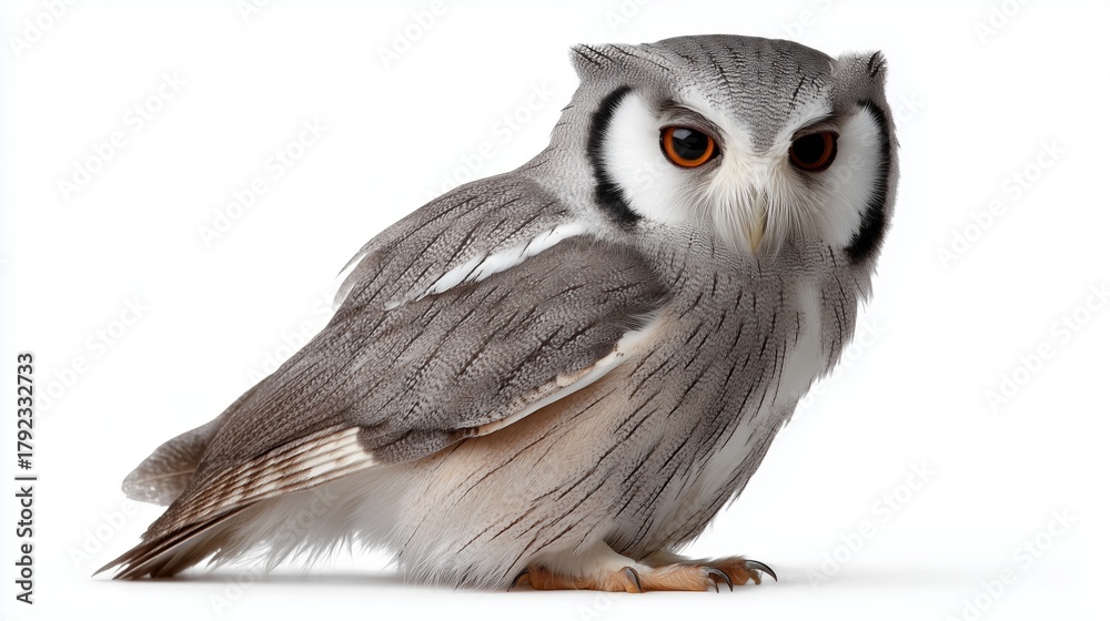 Fototapeta premium Unique gray owl with striking features stands against a plain background