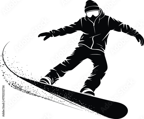 Snowboarder Carving Through Fresh Powder Dynamic Silhouette of Winter Sports Action