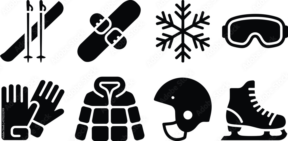 Naklejka premium Winter Sports Icons Skiing, Snowboarding, Skating, and Gear Collection