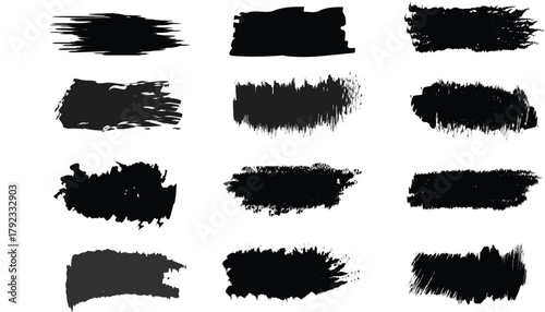 Set of different ink paint brush strokes isolated on white background.