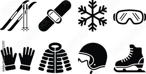 A collection of winter sports and recreation equipment icons, featuring skis with poles, a snowboard, a snowflake, and goggles on the top row