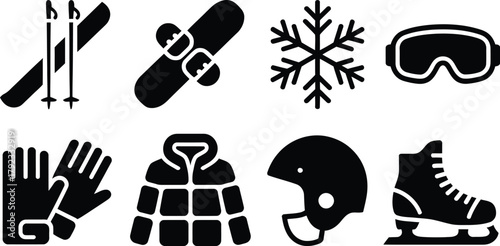Winter Sports Icons Skiing, Snowboarding, Skating, and Gear Collection