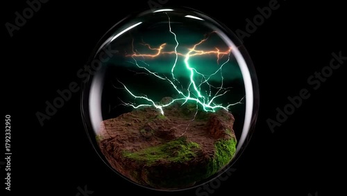 Volatile sphere, electrifying and surreal, containing a landscape with vibrant lightning, dark background