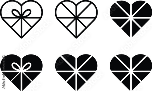 A versatile set of six monochrome heart icons featuring gift bow designs and geometric triangular patterns in both outline and solid fill styles