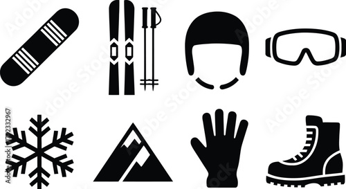 A collection of winter sports and mountain recreation icons featuring a snowboard, skis, helmet, goggles, and other essential gear symbols