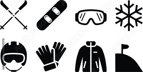 Winter Sports Equipment Icons - Snowboarding, Skiing, and Snowflakes