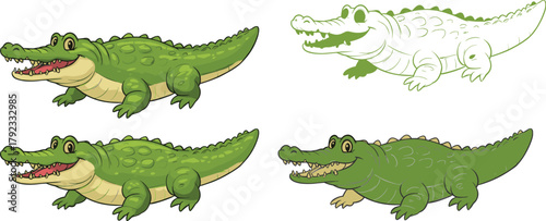 Four cartoon crocodiles illustration, colored and outline versions, playful reptile character design for children’s books, coloring pages, educational 