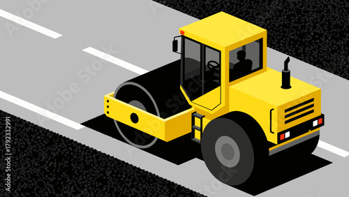 Yellow road roller working on asphalt pavement for road construction  