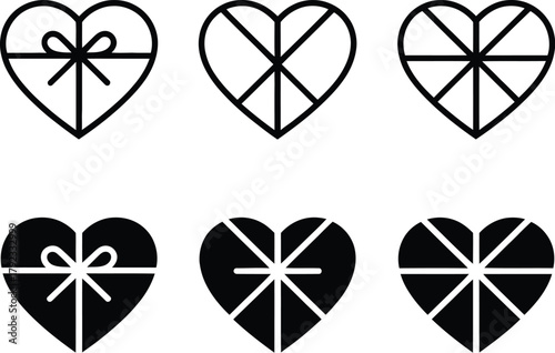 A graphic set of six heart icons, arranged in two rows, featuring variations from a gift-wrapped design to intricate geometric divisions in both outline and solid forms
