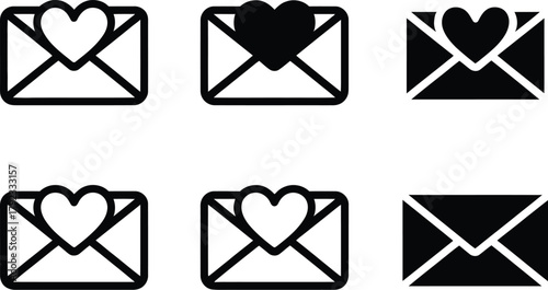 Love Letter Icons Heart-Shaped Seals in Outlined Envelopes for Romantic Messages