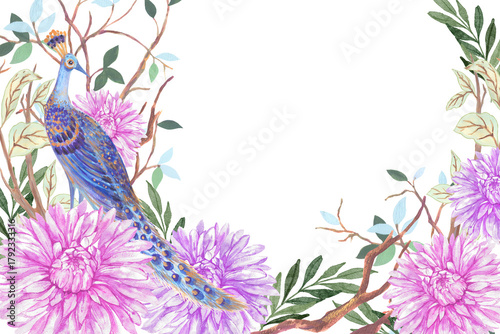 Traditional Blooming blossom peacock asian eastern mughal Wall chinoiseries  Illustration, japan garden