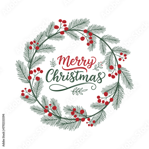 vector wreath with the words Merry Christmas,  with branches, red berries and leaves. 