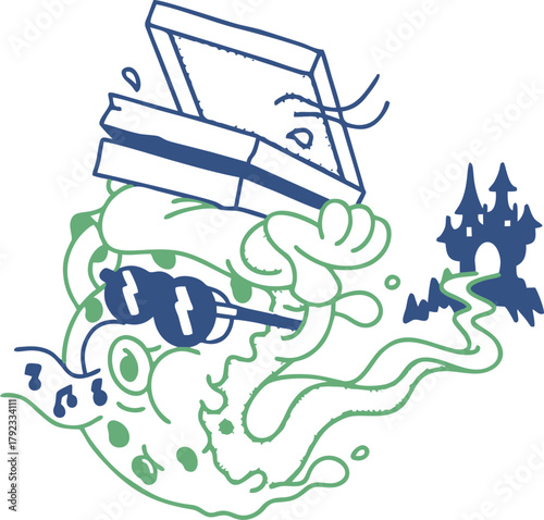 Cool ghost character wearing sunglasses holding a pizza box and floating toward a spooky castle in a minimal two-tone line art illustration perfect for streetwear and trendy graphic design